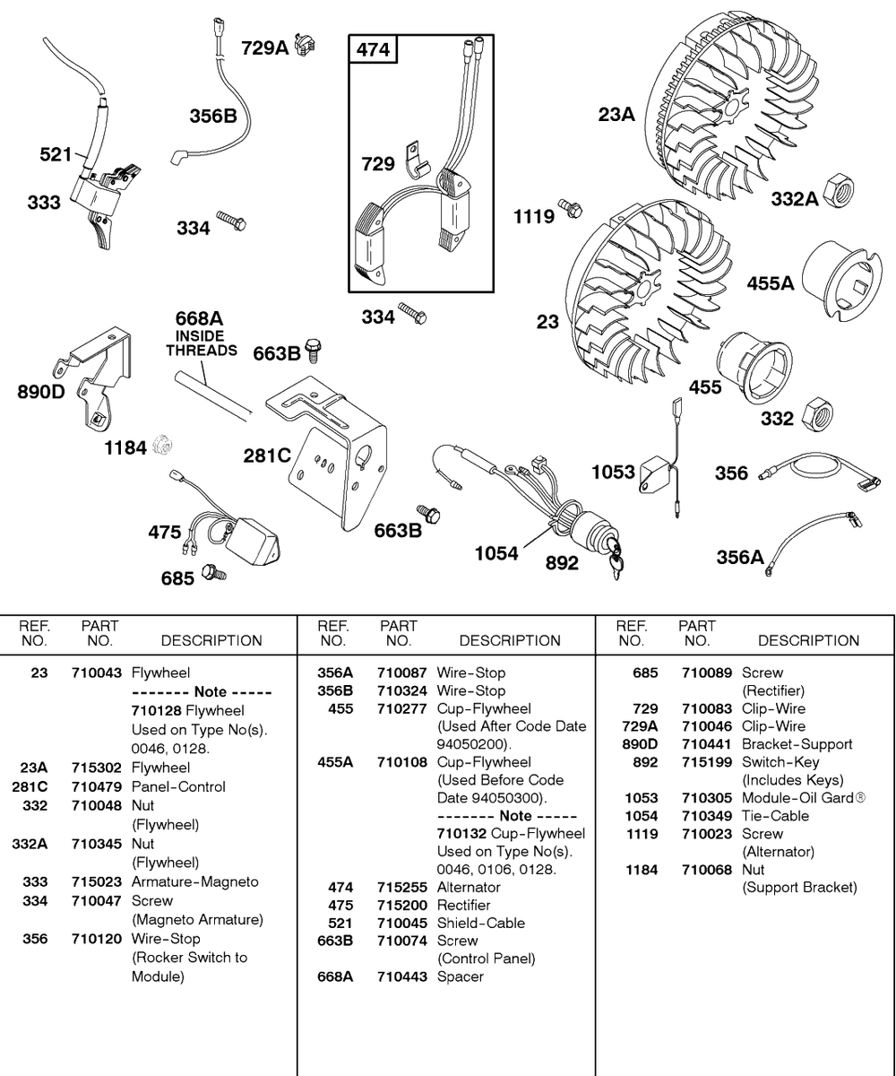 Alternator, Flywheel, Ignition Diagram and Parts List for 115432-0135-XX  Briggs and Stratton Engine